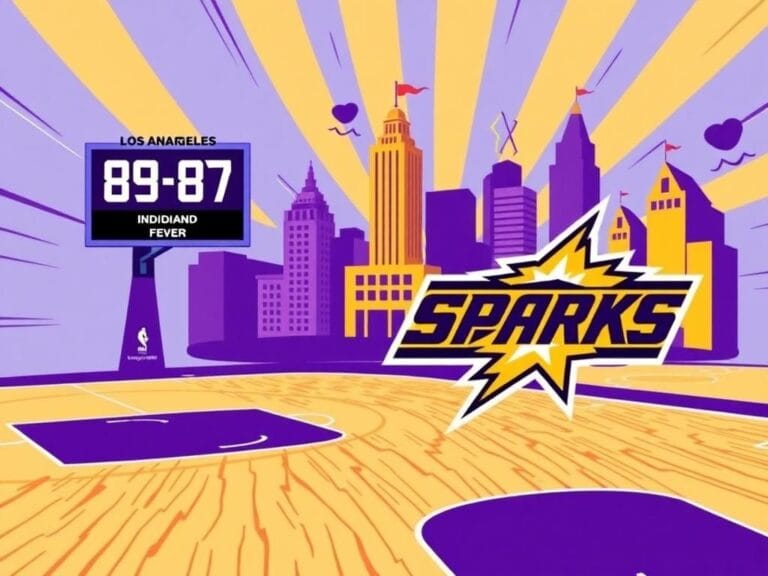 Flick International Vibrant graphic of a basketball court featuring the Los Angeles Sparks logo and a scoreboard showing 89-87 victory