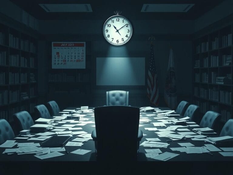 Flick International A dimly lit room filled with scattered paperwork, symbolizing secrecy in political matters.