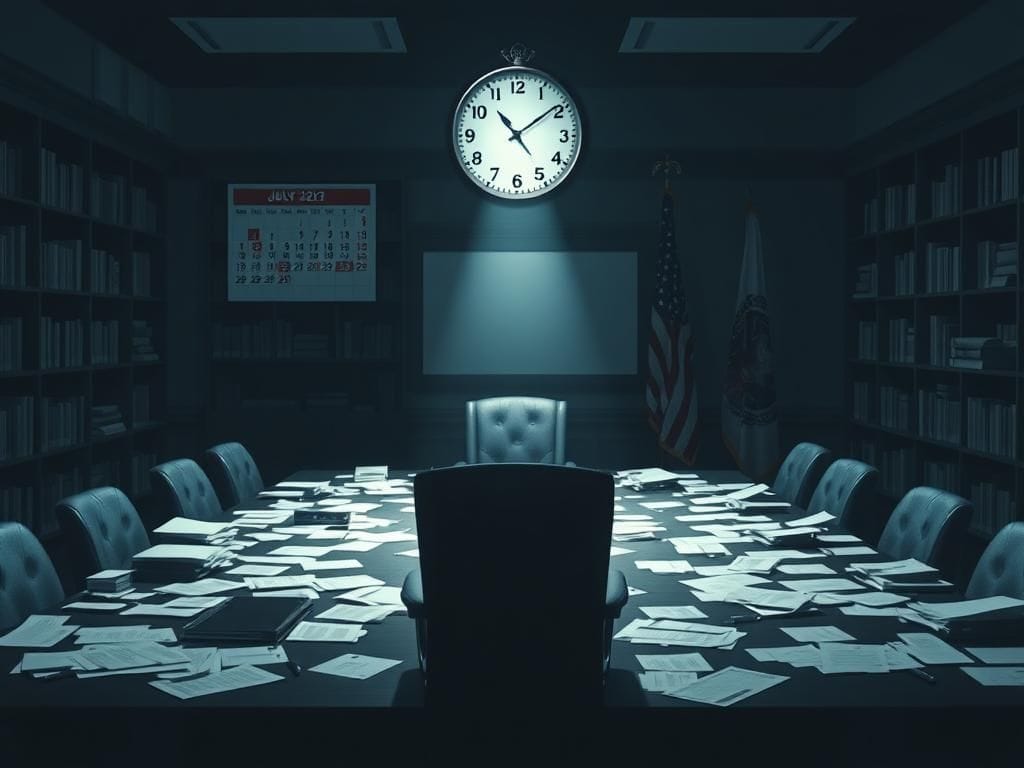 Flick International A dimly lit room filled with scattered paperwork, symbolizing secrecy in political matters.