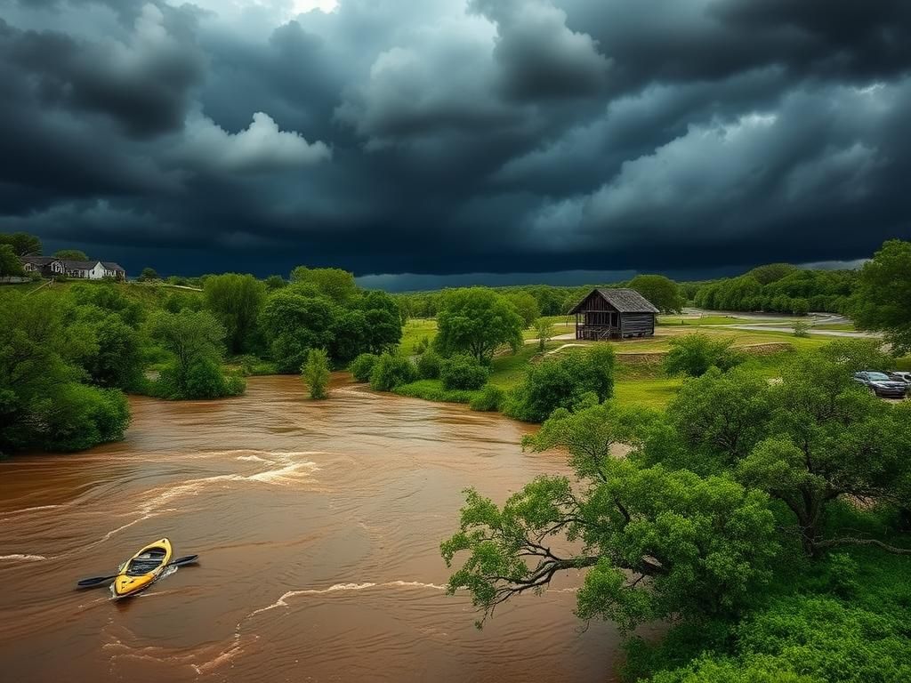 Flick International Serene yet ominous landscape of the Guadalupe River at dawn, with storm clouds gathering above and high muddy waters.