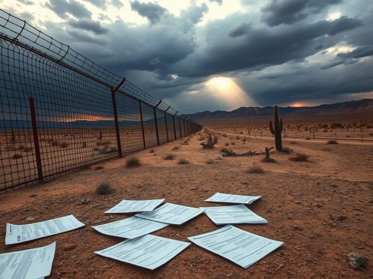 Flick International Barren landscape along the U.S.-Mexico border with a dilapidated fence and scattered asylum applications