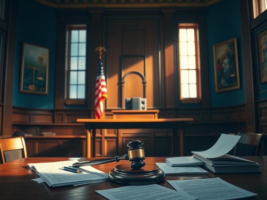 Flick International Dramatic courtroom scene with empty judge's bench and American flag