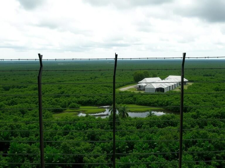 Flick International A sprawling view of the Everglades showing the imposing fence of a high-security migration detention camp, with alligators in the background.