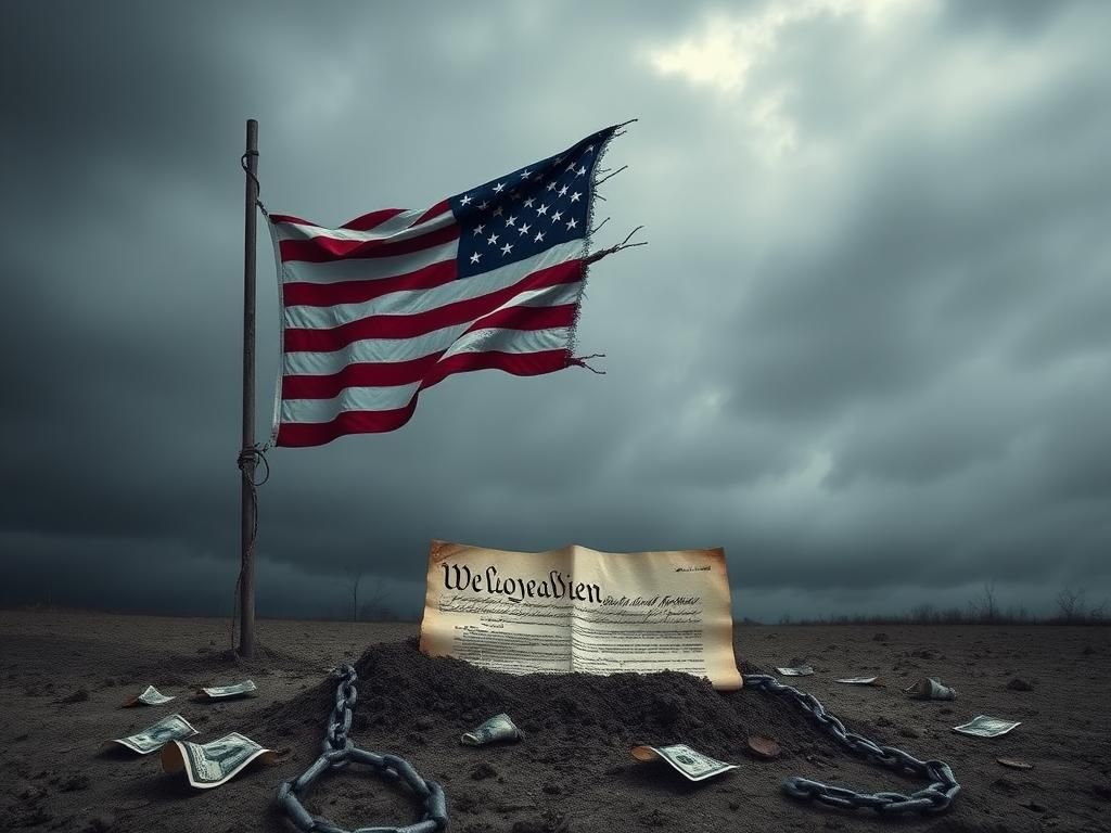 Flick International A desolate American flag fluttering against a grey sky, symbolizing lost freedoms and distress.