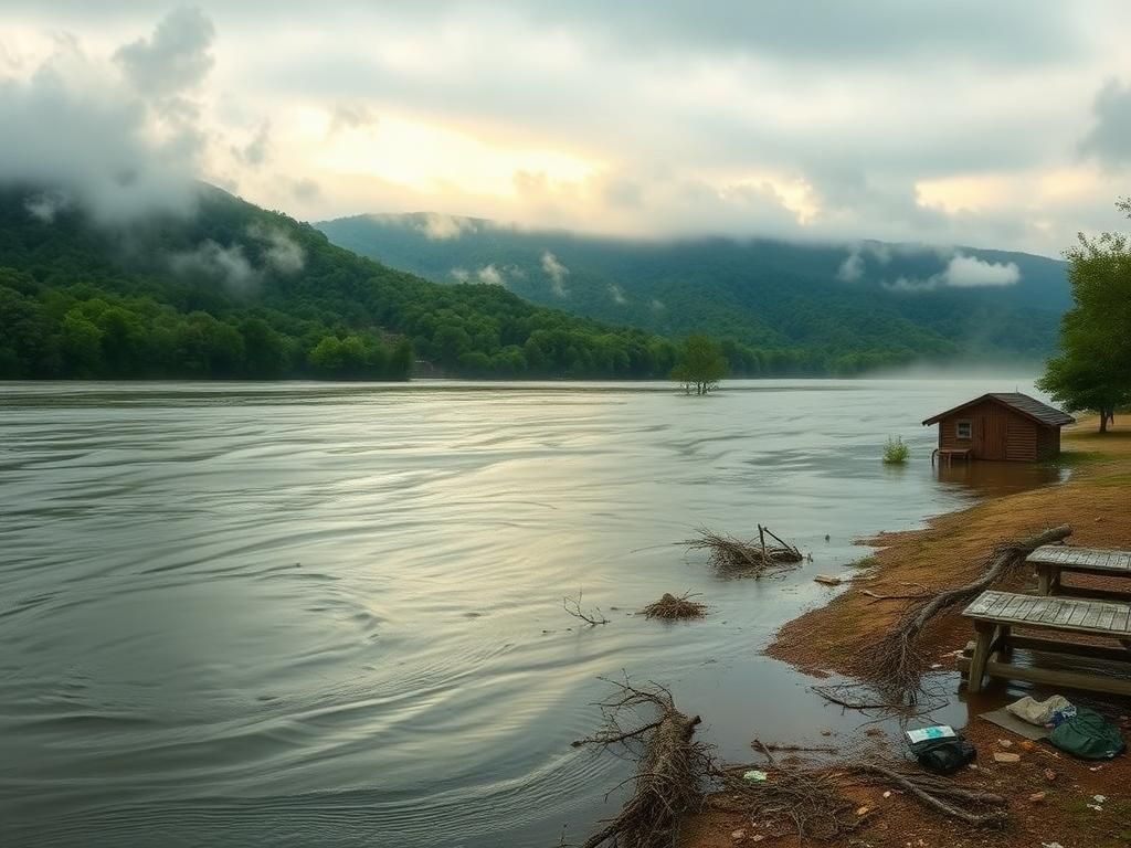 Flick International Tranquil Texas landscape showing swollen Guadalupe River in aftermath of floods