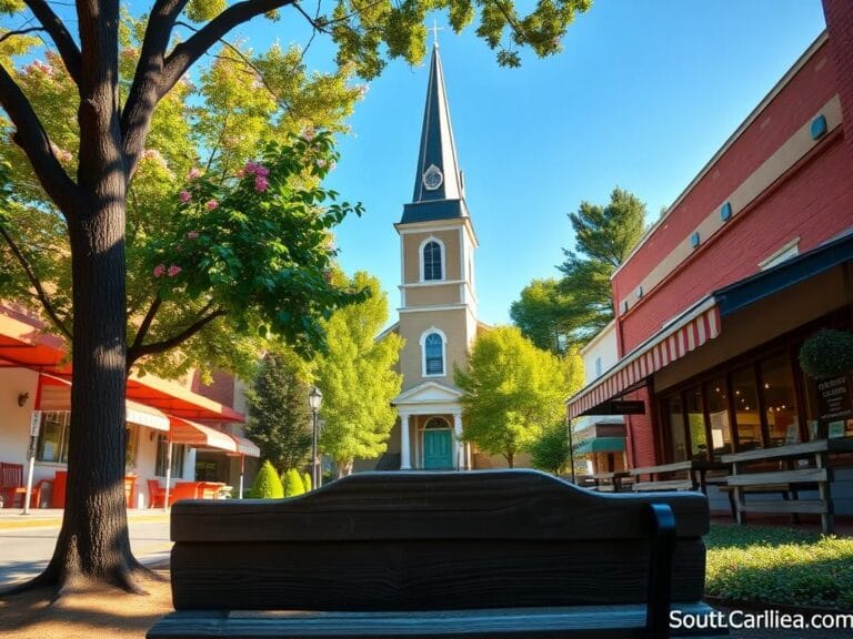 Flick International Scenic view of a quaint South Carolina town featuring a historic church and a welcoming café