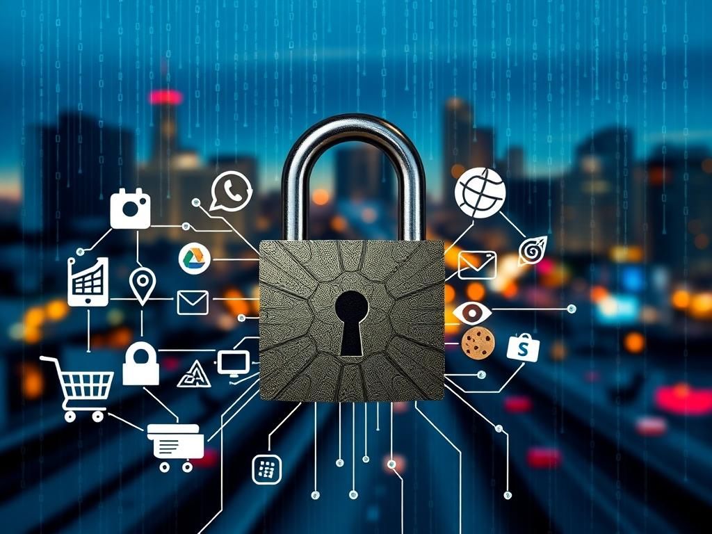 Flick International A collage illustrating data privacy with a large padlock and digital icons representing personal data.