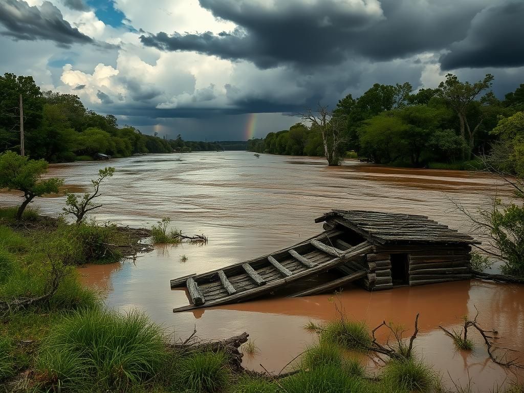 Flick International Flooded Texas landscape with debris from a cabin, surrounded by overgrown grass and tree branches.