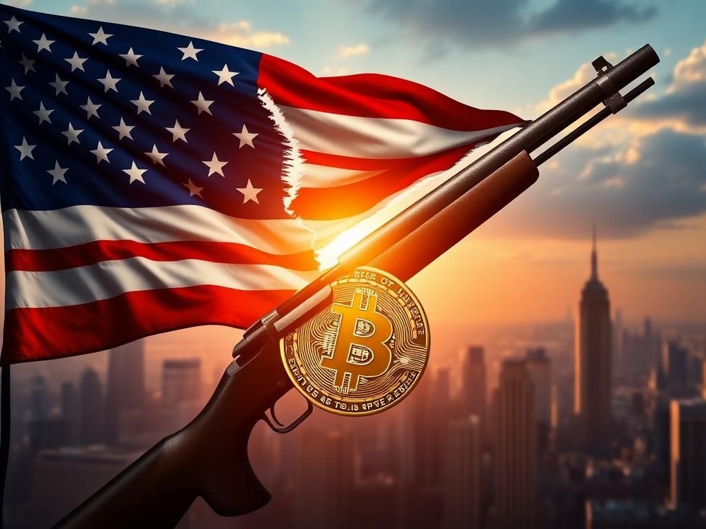 Flick International A powerful image of a tattered American flag with a musket and cryptocurrency coin