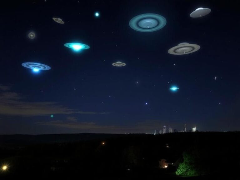 Flick International Nighttime sky over New York state filled with mysterious glowing orbs and silent triangles