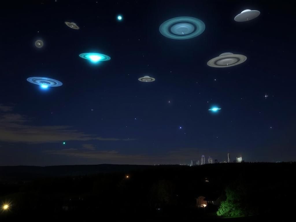 Flick International Nighttime sky over New York state filled with mysterious glowing orbs and silent triangles