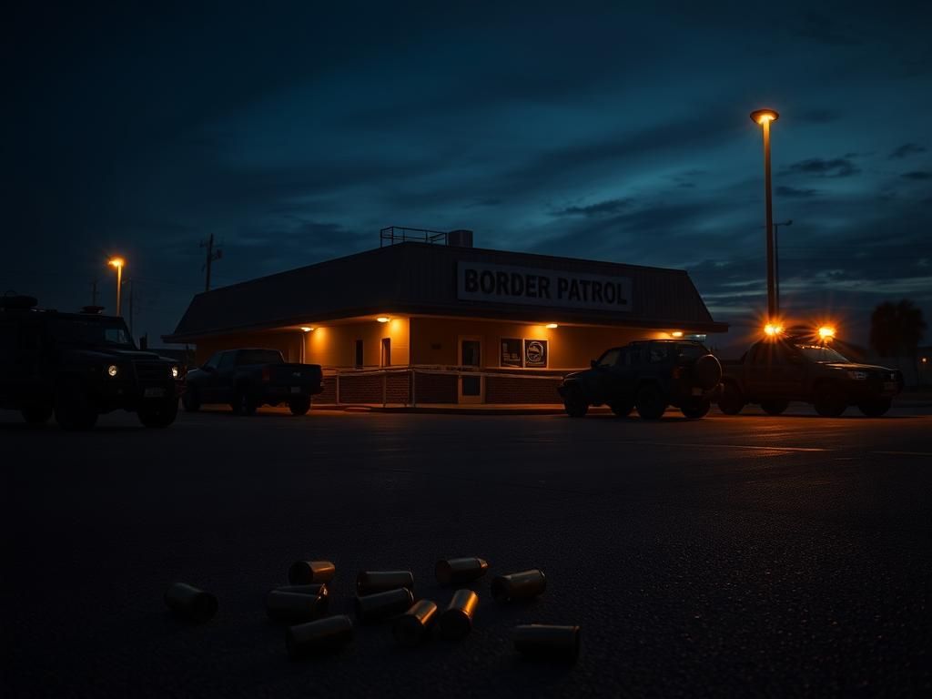 Flick International Tactical vehicles at a Border Patrol facility in McAllen, Texas, under a twilight sky