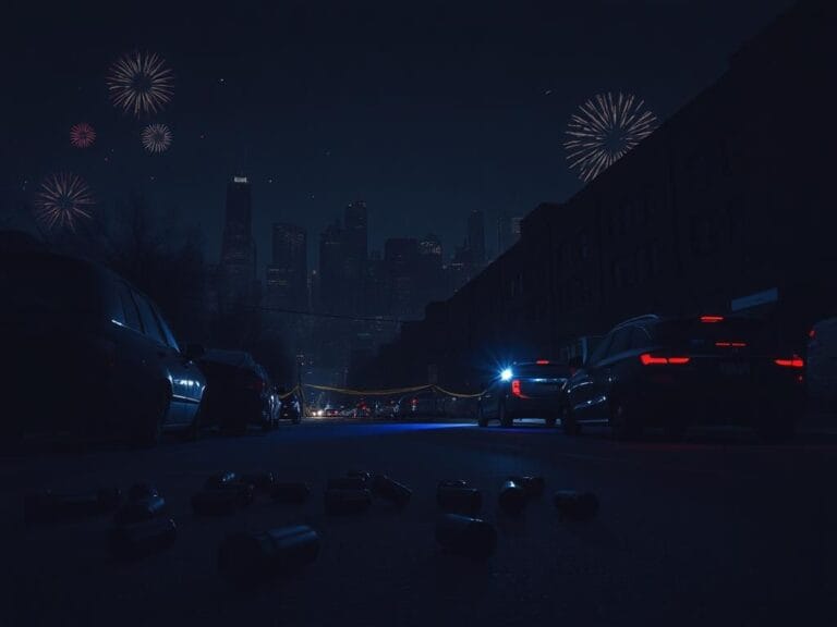 Flick International Darkened Chicago skyline at night with fireworks and crime scene elements