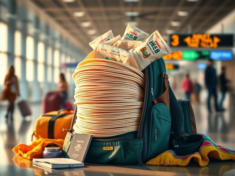 Flick International A vibrant airport scene with a backpack overflowing with 200 H-E-B flour tortillas
