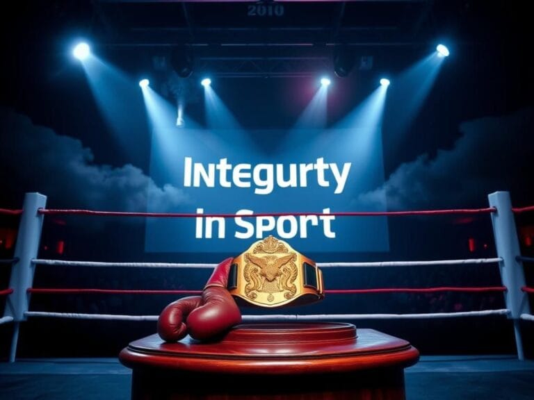 Flick International Empty boxing ring under bright spotlights surrounded by shadowy audience, symbolizing controversy.