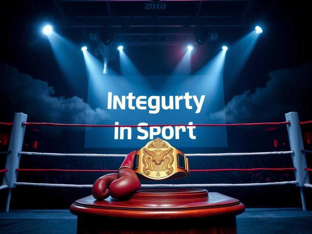 Flick International Empty boxing ring under bright spotlights surrounded by shadowy audience, symbolizing controversy.