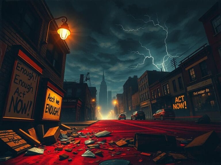 Flick International Chaotic cityscape at night highlighting unrest and emotional turmoil