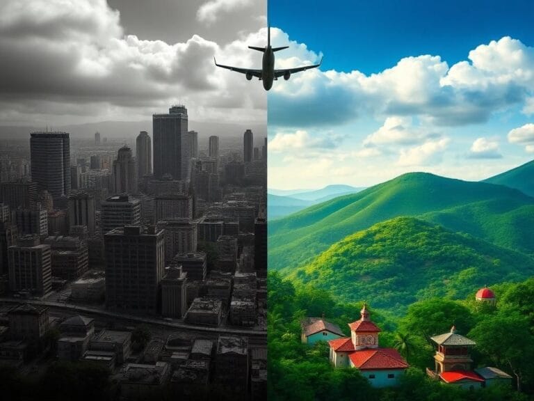 Flick International A powerful visual representation contrasting urban decay symbolizing uncertainty with vibrant landscapes of Honduras and Nicaragua representing hope.