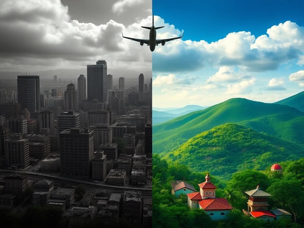 Flick International A powerful visual representation contrasting urban decay symbolizing uncertainty with vibrant landscapes of Honduras and Nicaragua representing hope.