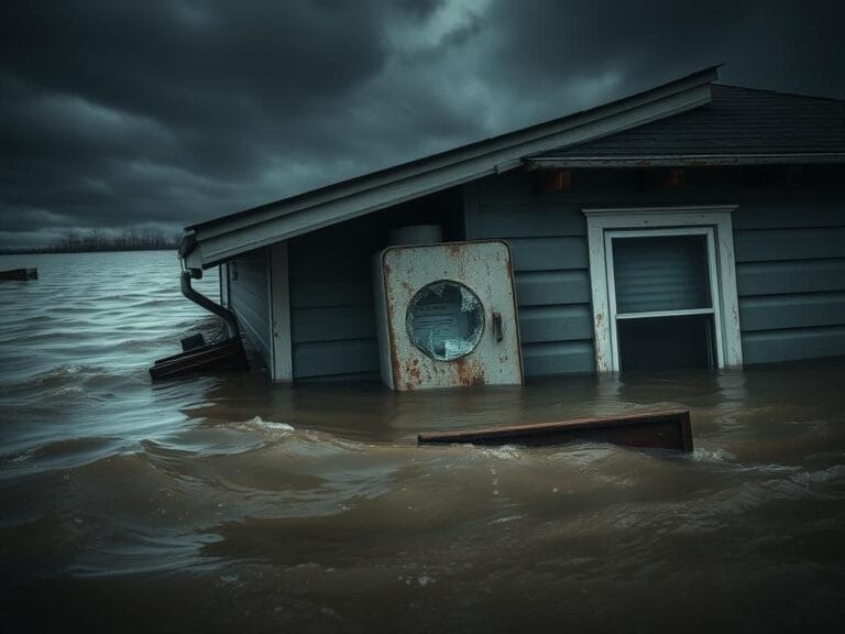 Flick International Submerged house surrounded by swirling floodwaters with broken window and electric meter box