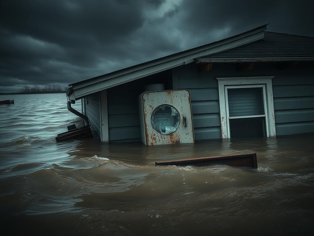 Flick International Submerged house surrounded by swirling floodwaters with broken window and electric meter box