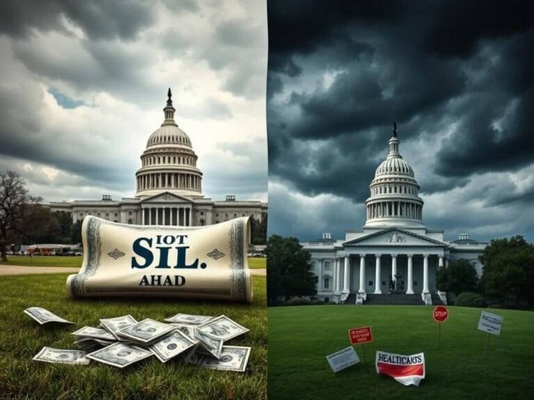 Flick International A dramatic split landscape illustrating the contrasting perspectives on the big, beautiful bill with a bustling Capitol building and government signs.