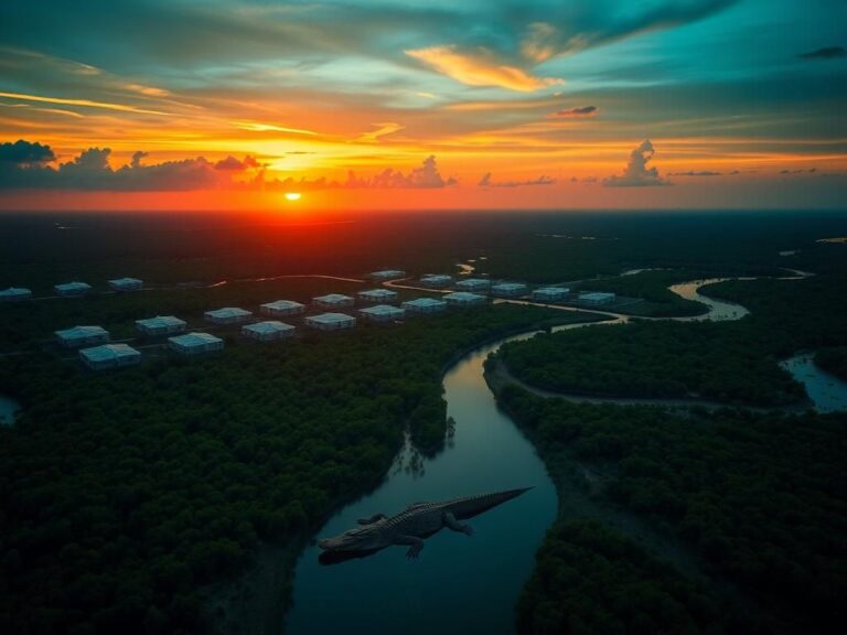 Flick International Aerial view of the Florida Everglades with modern detention facility and alligator