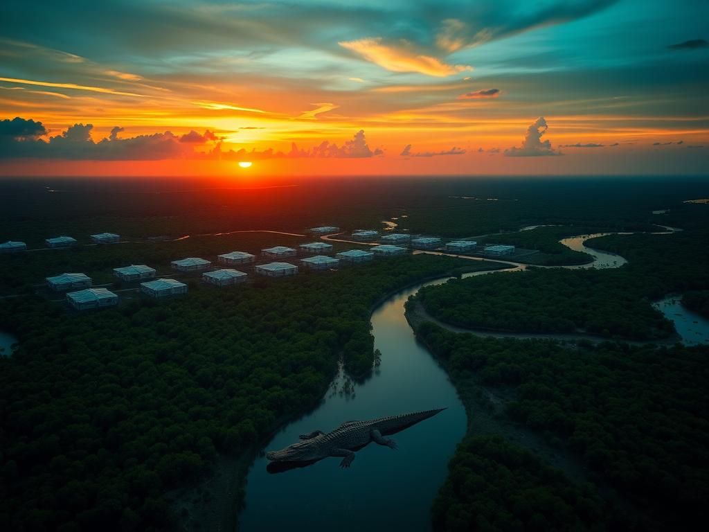 Flick International Aerial view of the Florida Everglades with modern detention facility and alligator
