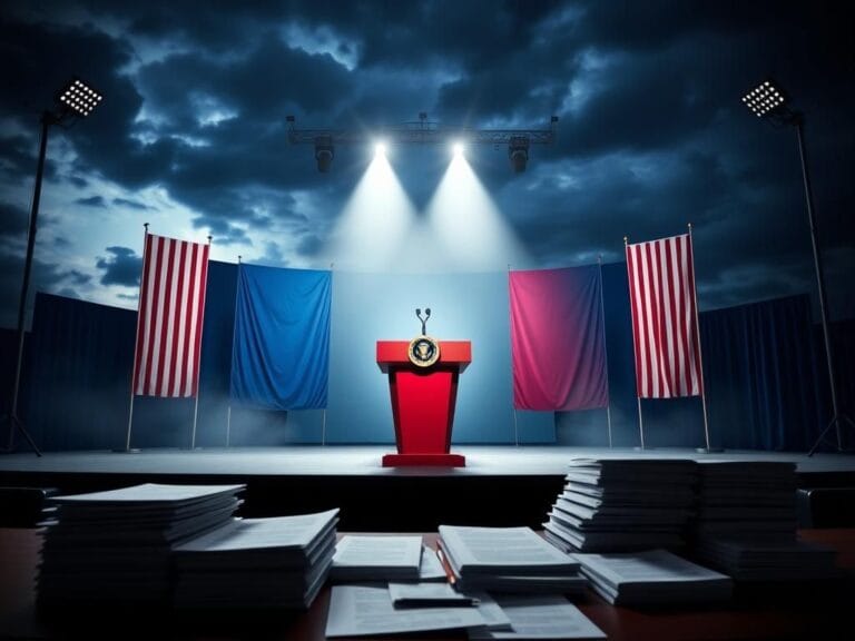 Flick International Dramatic political debate stage set against a moody sky