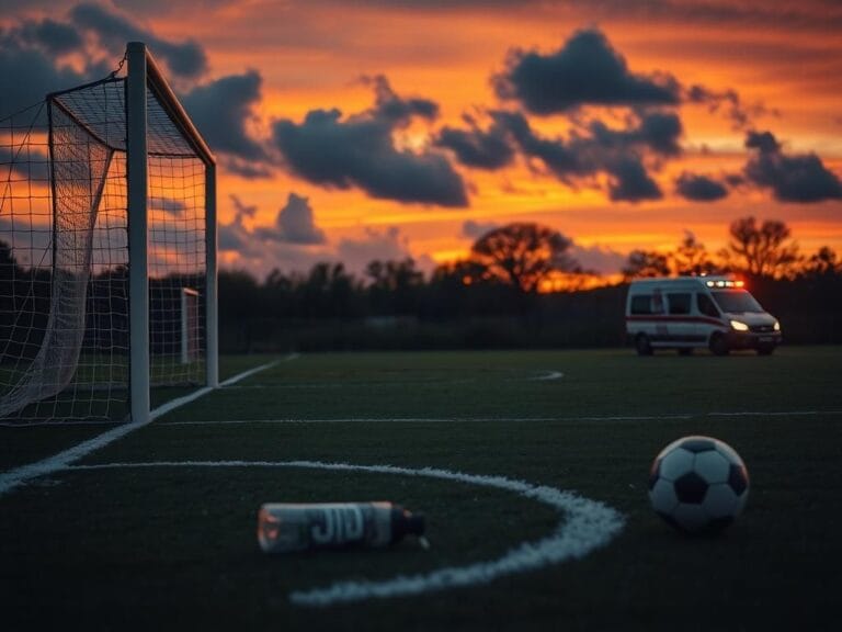 Flick International Dramatic soccer field scene at sunset with empty goal post and ambulance in background