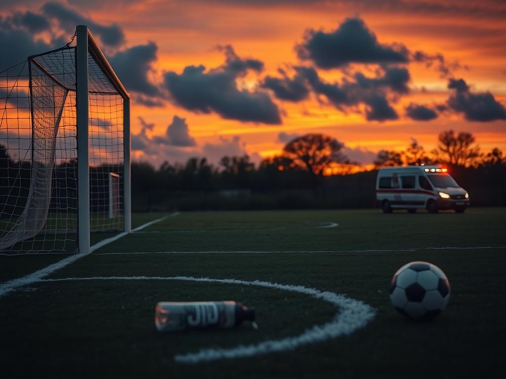 Flick International Dramatic soccer field scene at sunset with empty goal post and ambulance in background