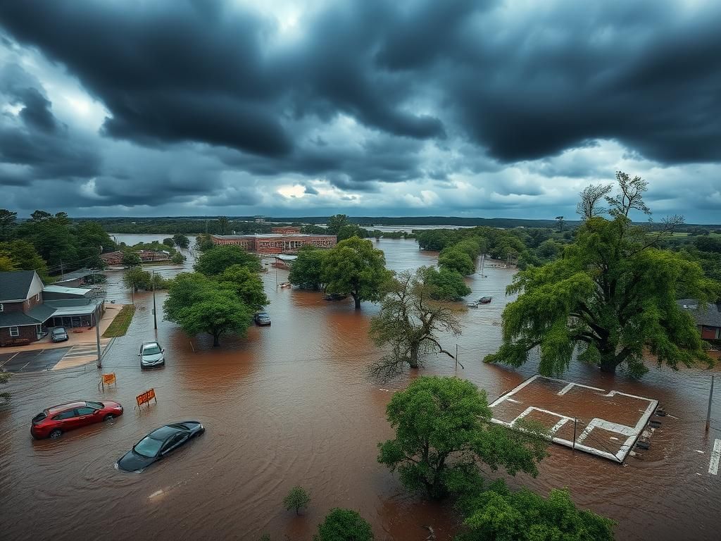 Flick International Panoramic view of flooded street with submerged cars in central North Carolina