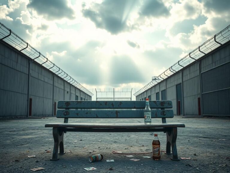 Flick International A weathered metal bench in a prison yard symbolizing resilience amidst stark concrete walls