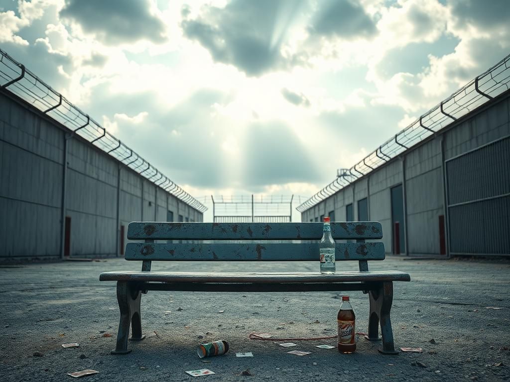 Flick International A weathered metal bench in a prison yard symbolizing resilience amidst stark concrete walls