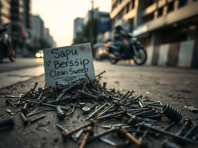 Flick International A close-up view of a sidewalk in Jakarta littered with sharp metal objects