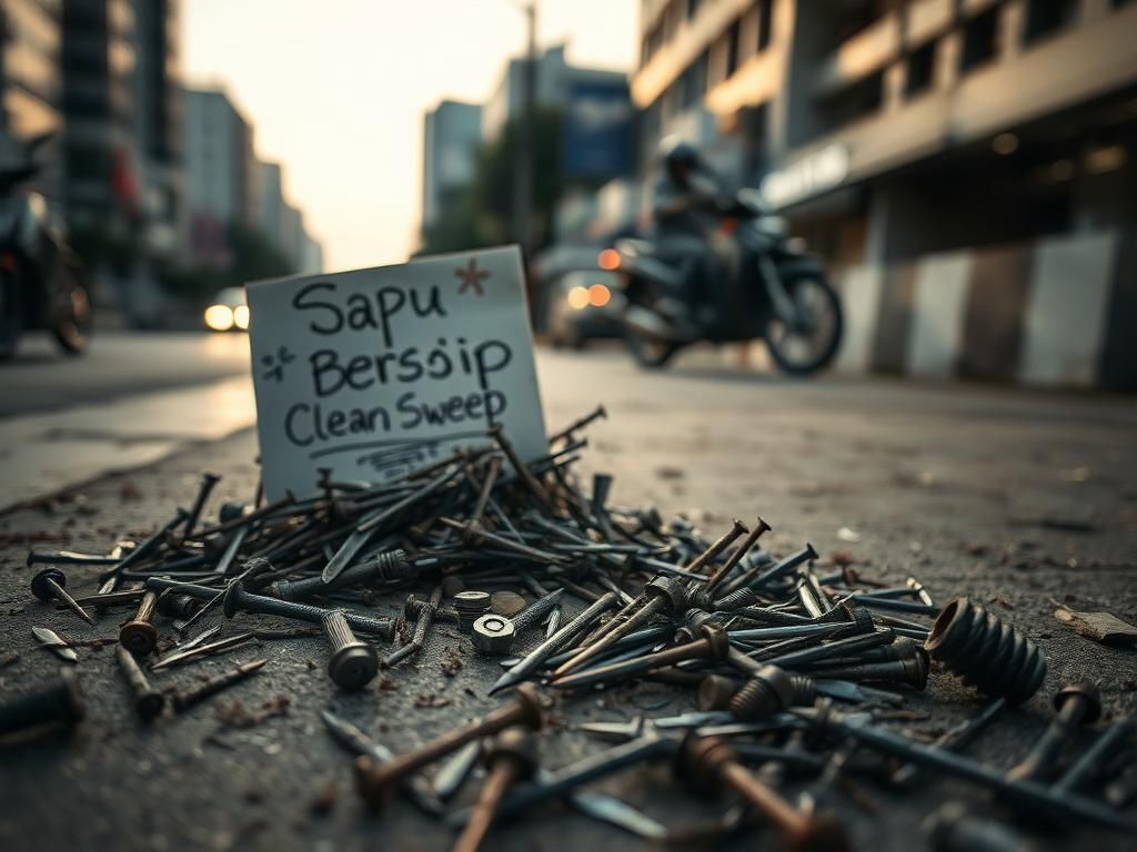 Flick International A close-up view of a sidewalk in Jakarta littered with sharp metal objects