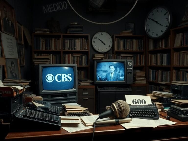 Flick International A dimly lit newsroom with vintage typewriters and a CBS logo on a television