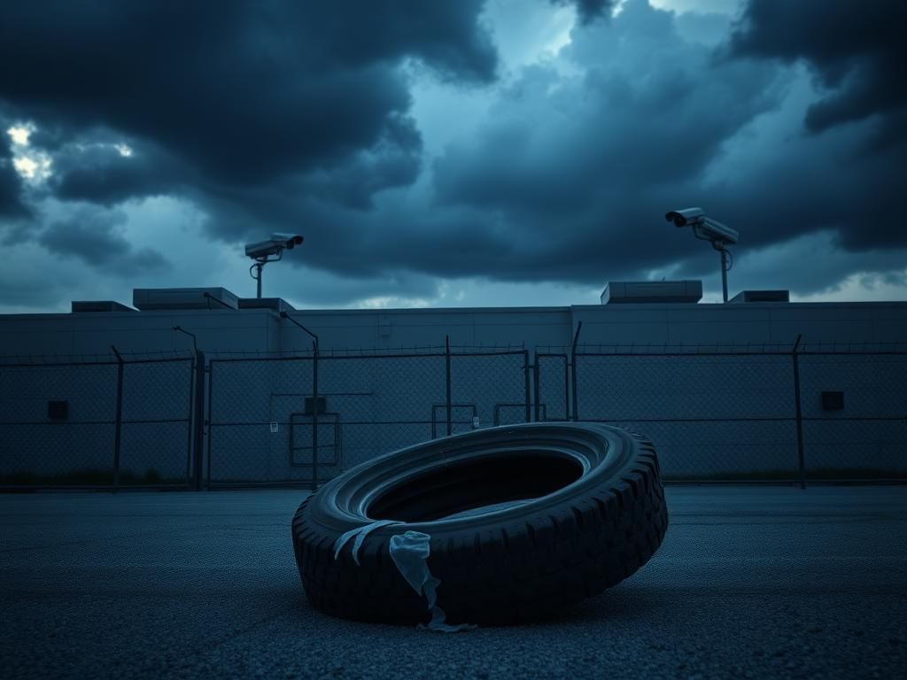 Flick International A stark U.S. Immigration and Customs Enforcement (ICE) detention facility at twilight with barbed wire and heavy security gates