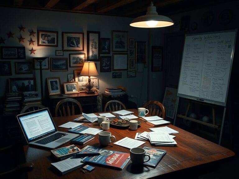 Flick International Dimly lit room with a large wooden table filled with campaign materials and family photos