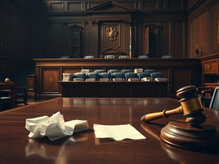 Flick International Dramatic courtroom scene with a judge's bench, witness stands, and empty jury box