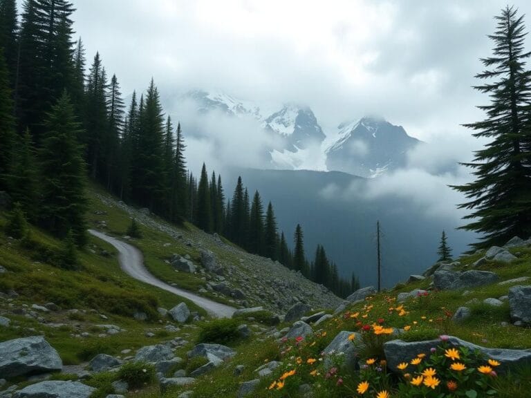 Flick International Beautiful mountain trail in Alaska with wildflowers and snow-capped peaks