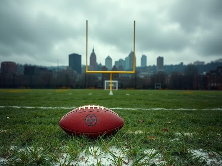 Flick International A lonely football resting on a worn-out field in Pittsburgh, representing the struggles of quarterback Kenny Pickett.