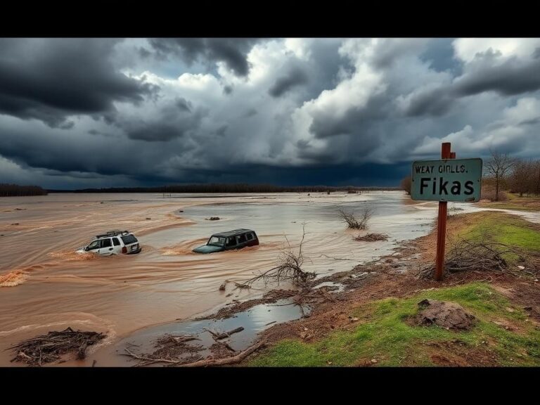 Flick International Dramatic aftermath of Texas flash flood with overflowing rivers and debris