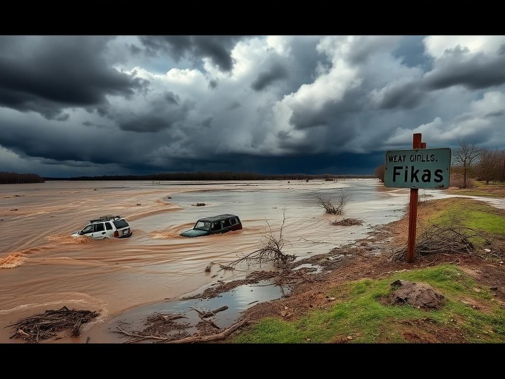 Flick International Dramatic aftermath of Texas flash flood with overflowing rivers and debris