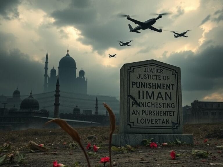 Flick International Dark stormy sky over a crumbling cityscape symbolizing Iran with silhouettes of domes and military drones