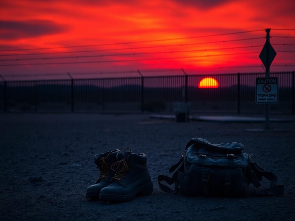 Flick International Dark and foreboding border landscape at sunset with abandoned boots and a weathered backpack