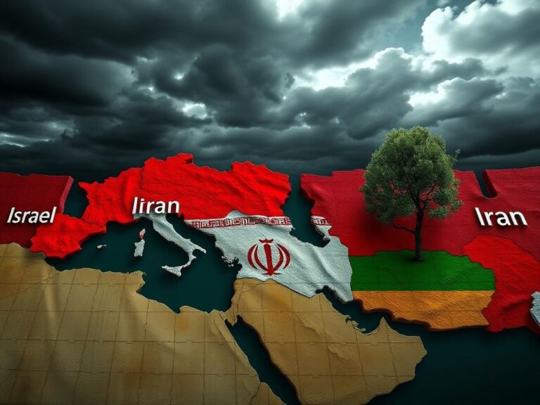 Flick International Abstract map of the Middle East highlighting Israel and Iran with contrasting colors and symbolic imagery.