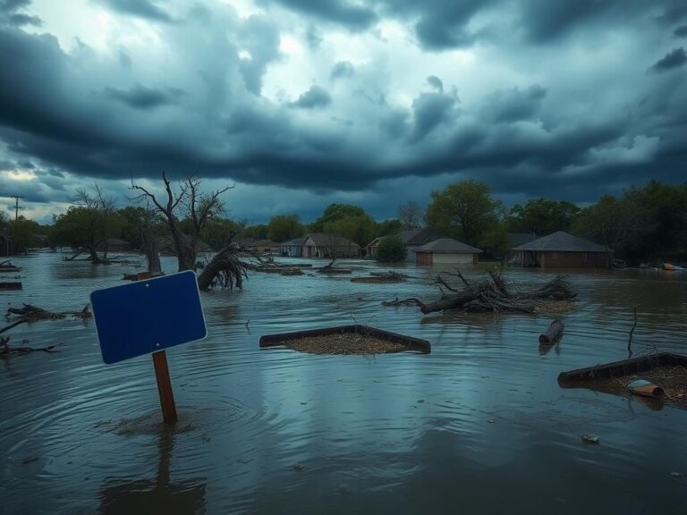 Flick International Devastating aftermath of Texas flooding with submerged landscape and uprooted trees.