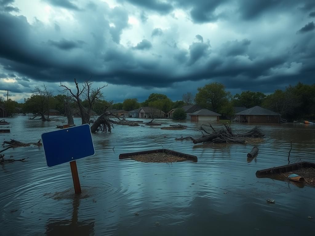 Flick International Devastating aftermath of Texas flooding with submerged landscape and uprooted trees.