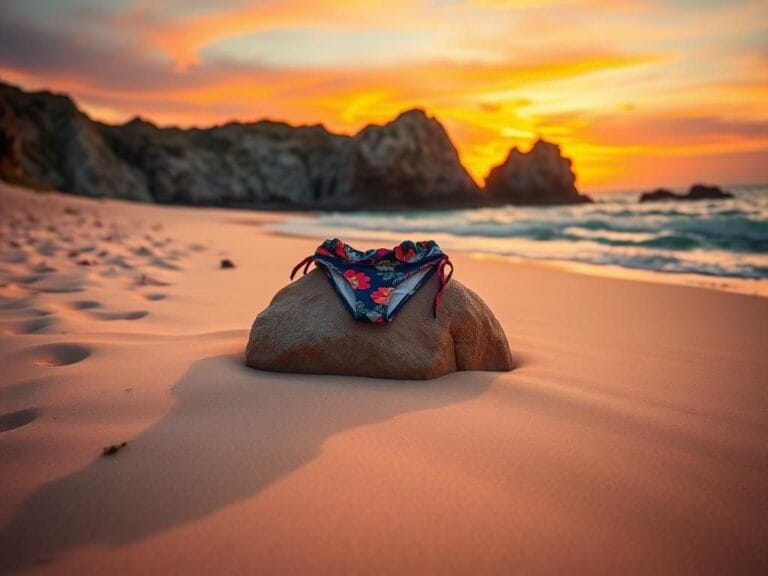 Flick International Vibrant patterned bikini draped over a sun-bleached rock at a serene beach during sunset